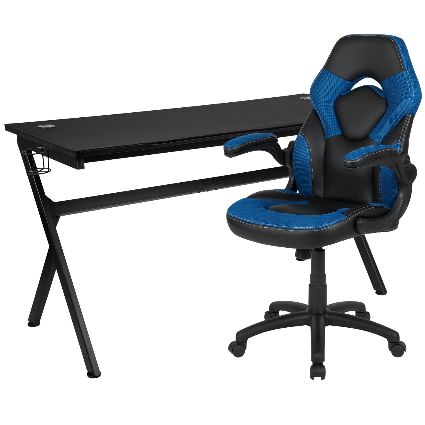 Optis Gaming Desk and Blue/Black Racing Chair Set /Cup Holder/Headphone Hook/Removable Mouse Pad Top - 2 Wire Management Holes Blue