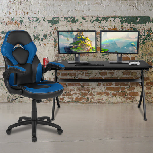 Optis Gaming Desk and Blue/Black Racing Chair Set /Cup Holder/Headphone Hook/Removable Mouse Pad Top - 2 Wire Management Holes Blue