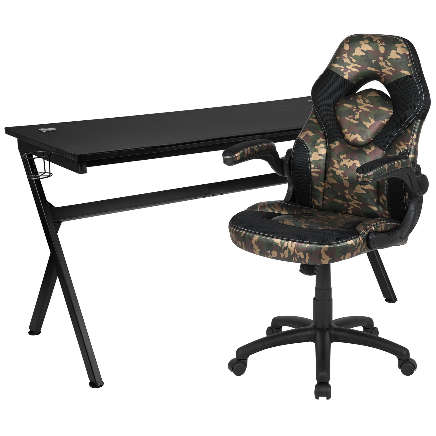 Optis Gaming Desk and Camouflage/Black Racing Chair Set /Cup Holder/Headphone Hook/Removable Mouse Pad Top - 2 Wire Management Holes Camouflage