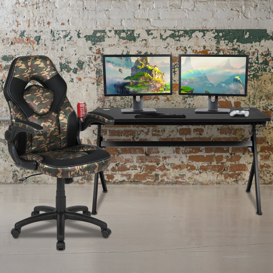 Optis Gaming Desk and Camouflage/Black Racing Chair Set /Cup Holder/Headphone Hook/Removable Mouse Pad Top - 2 Wire Management Holes Camouflage
