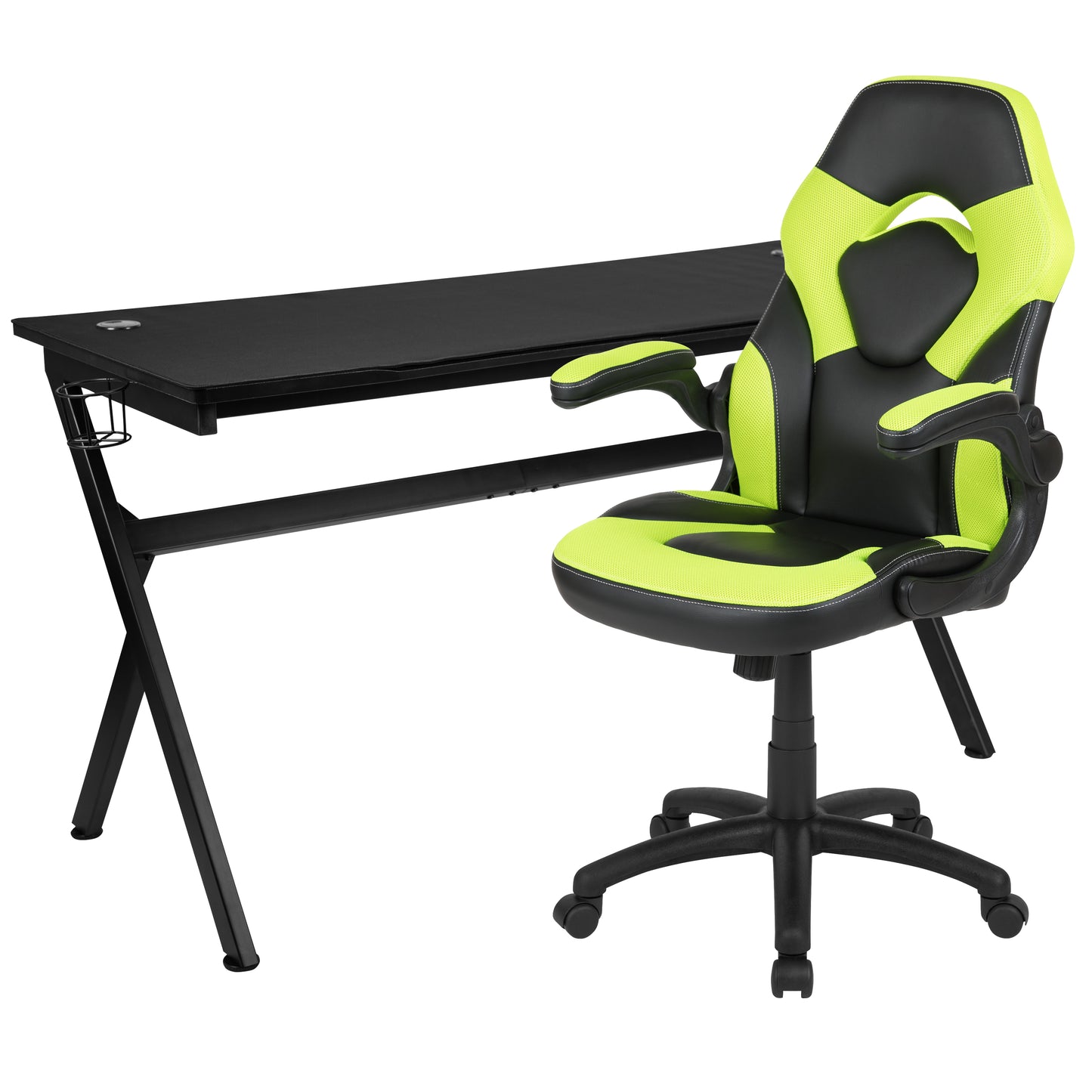 Optis Gaming Desk and Green/Black Racing Chair Set /Cup Holder/Headphone Hook/Removable Mouse Pad Top - 2 Wire Management Holes Green