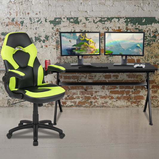 Optis Gaming Desk and Green/Black Racing Chair Set /Cup Holder/Headphone Hook/Removable Mouse Pad Top - 2 Wire Management Holes Green