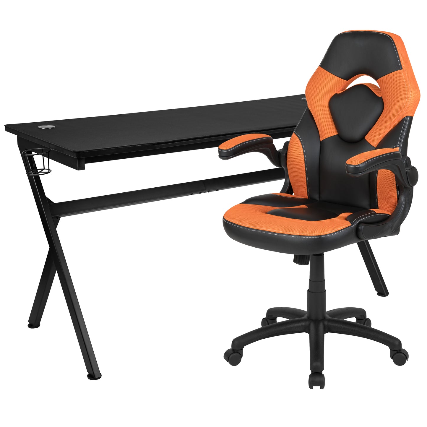 Optis Gaming Desk and Orange/Black Racing Chair Set /Cup Holder/Headphone Hook/Removable Mouse Pad Top - 2 Wire Management Holes Orange