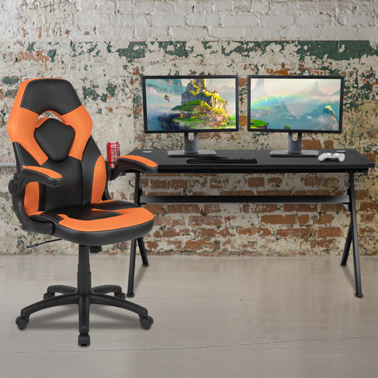 Optis Gaming Desk and Orange/Black Racing Chair Set /Cup Holder/Headphone Hook/Removable Mouse Pad Top - 2 Wire Management Holes Orange