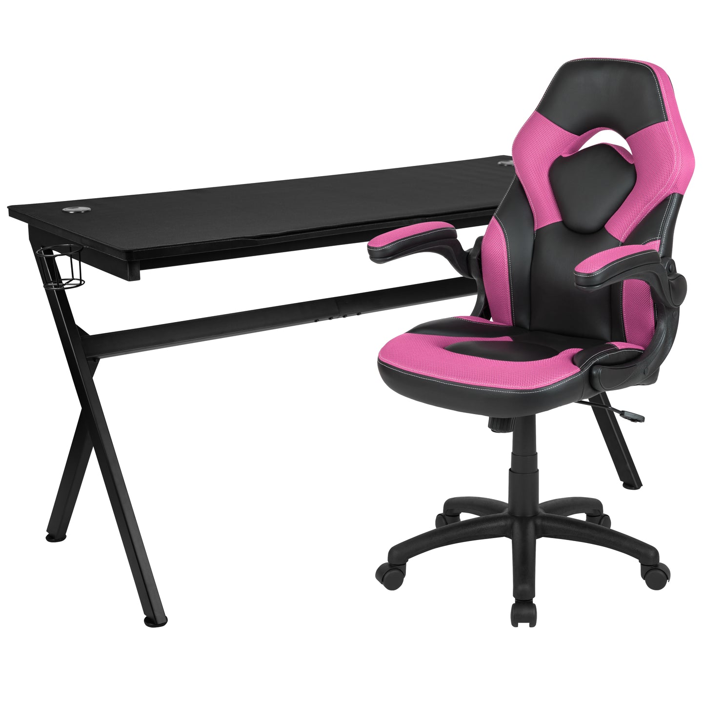 Optis Gaming Desk and Pink/Black Racing Chair Set /Cup Holder/Headphone Hook/Removable Mouse Pad Top - 2 Wire Management Holes Pink