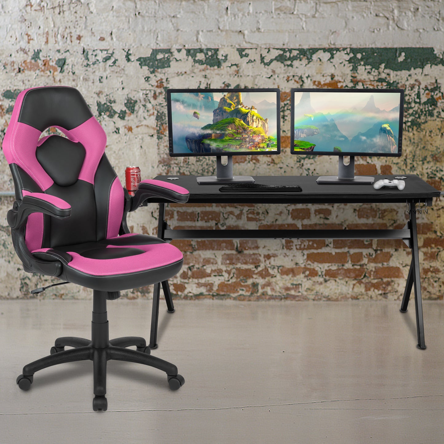 Optis Gaming Desk and Pink/Black Racing Chair Set /Cup Holder/Headphone Hook/Removable Mouse Pad Top - 2 Wire Management Holes Pink