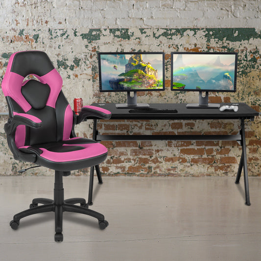 Optis Gaming Desk and Pink/Black Racing Chair Set /Cup Holder/Headphone Hook/Removable Mouse Pad Top - 2 Wire Management Holes Pink