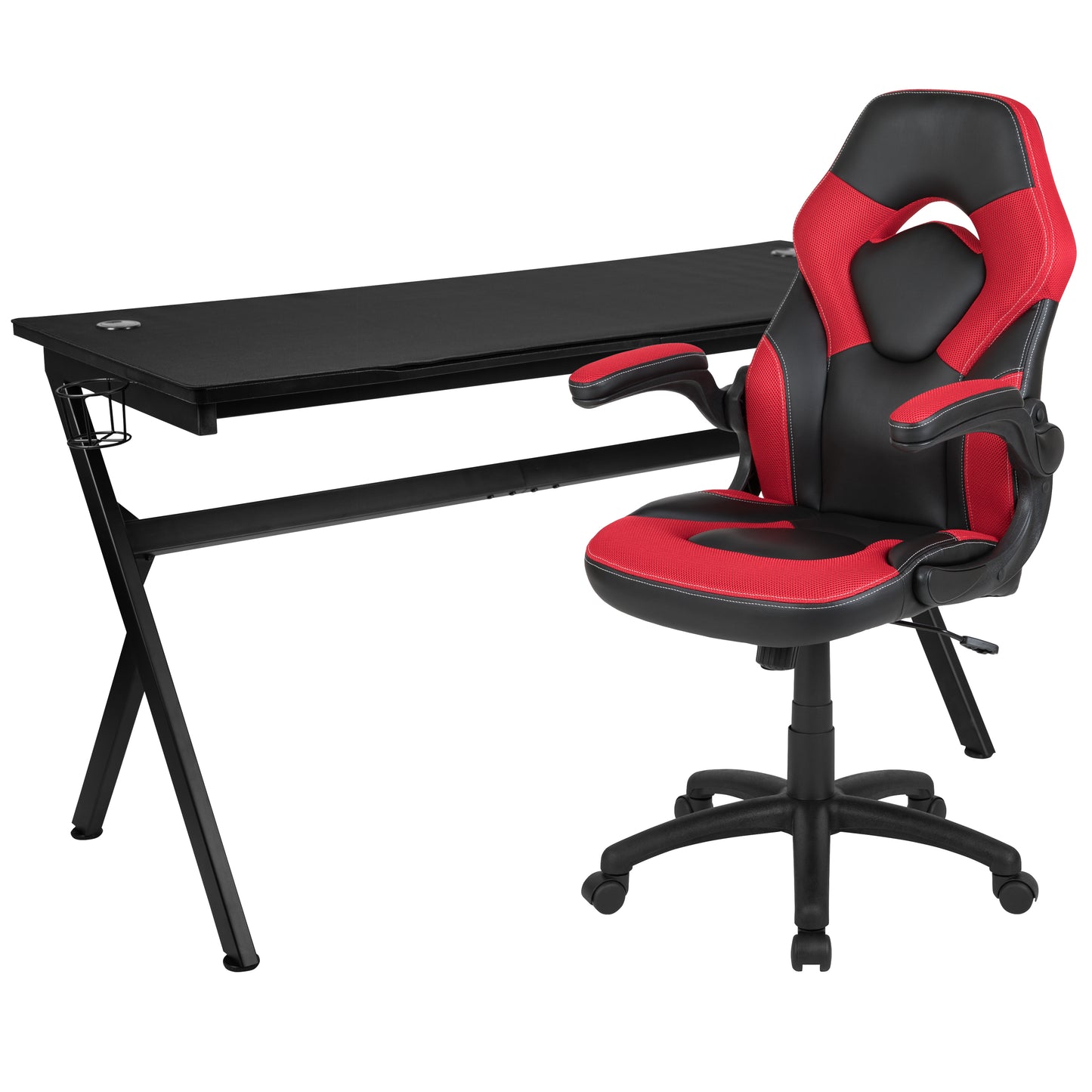 Optis Gaming Desk and Red/Black Racing Chair Set /Cup Holder/Headphone Hook/Removable Mouse Pad Top - 2 Wire Management Holes Red