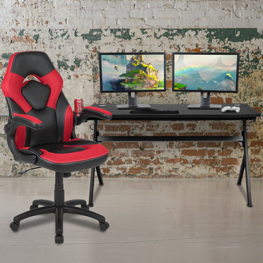 Optis Gaming Desk and Red/Black Racing Chair Set /Cup Holder/Headphone Hook/Removable Mouse Pad Top - 2 Wire Management Holes Red