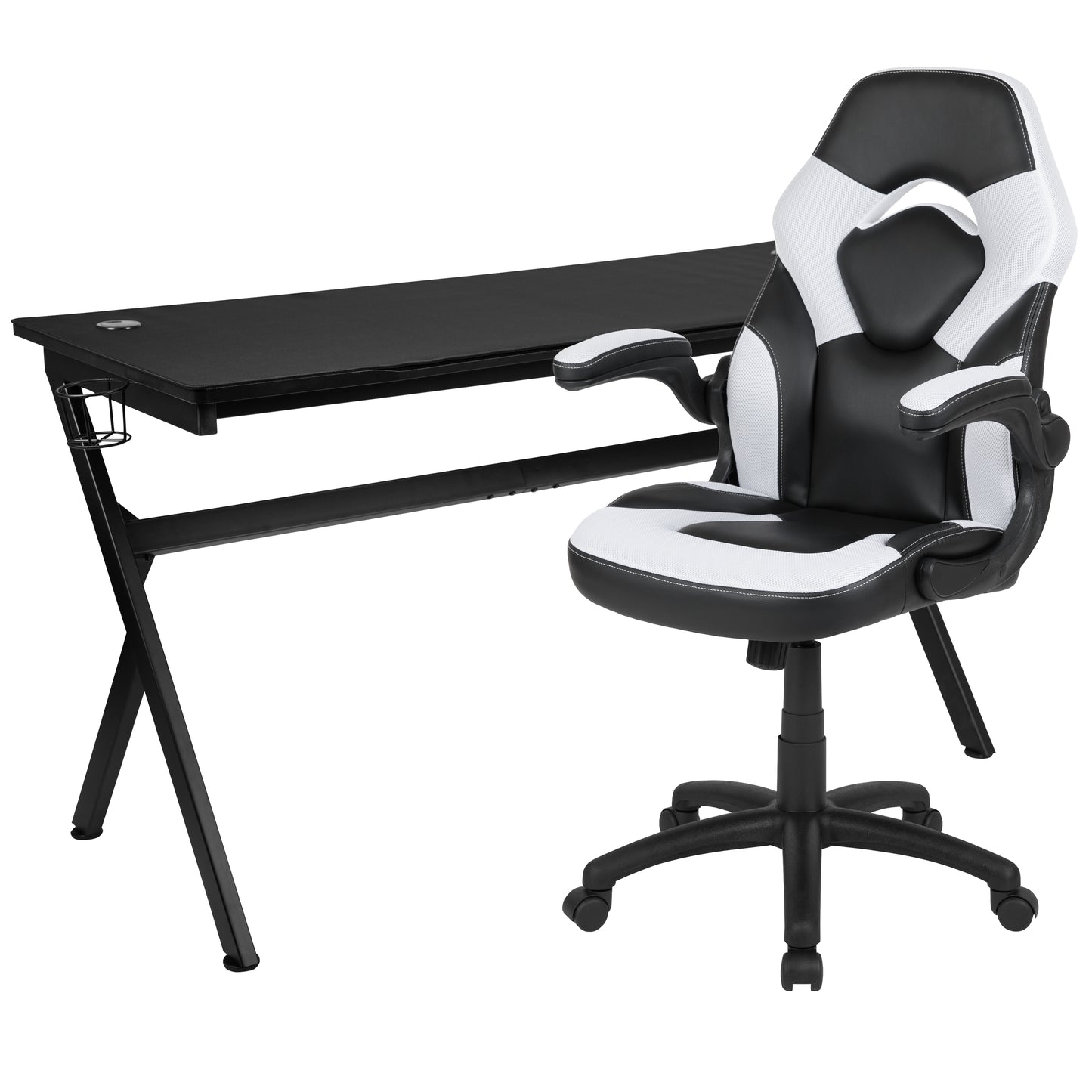 Optis Gaming Desk and White/Black Racing Chair Set /Cup Holder/Headphone Hook/Removable Mouse Pad Top - 2 Wire Management Holes White