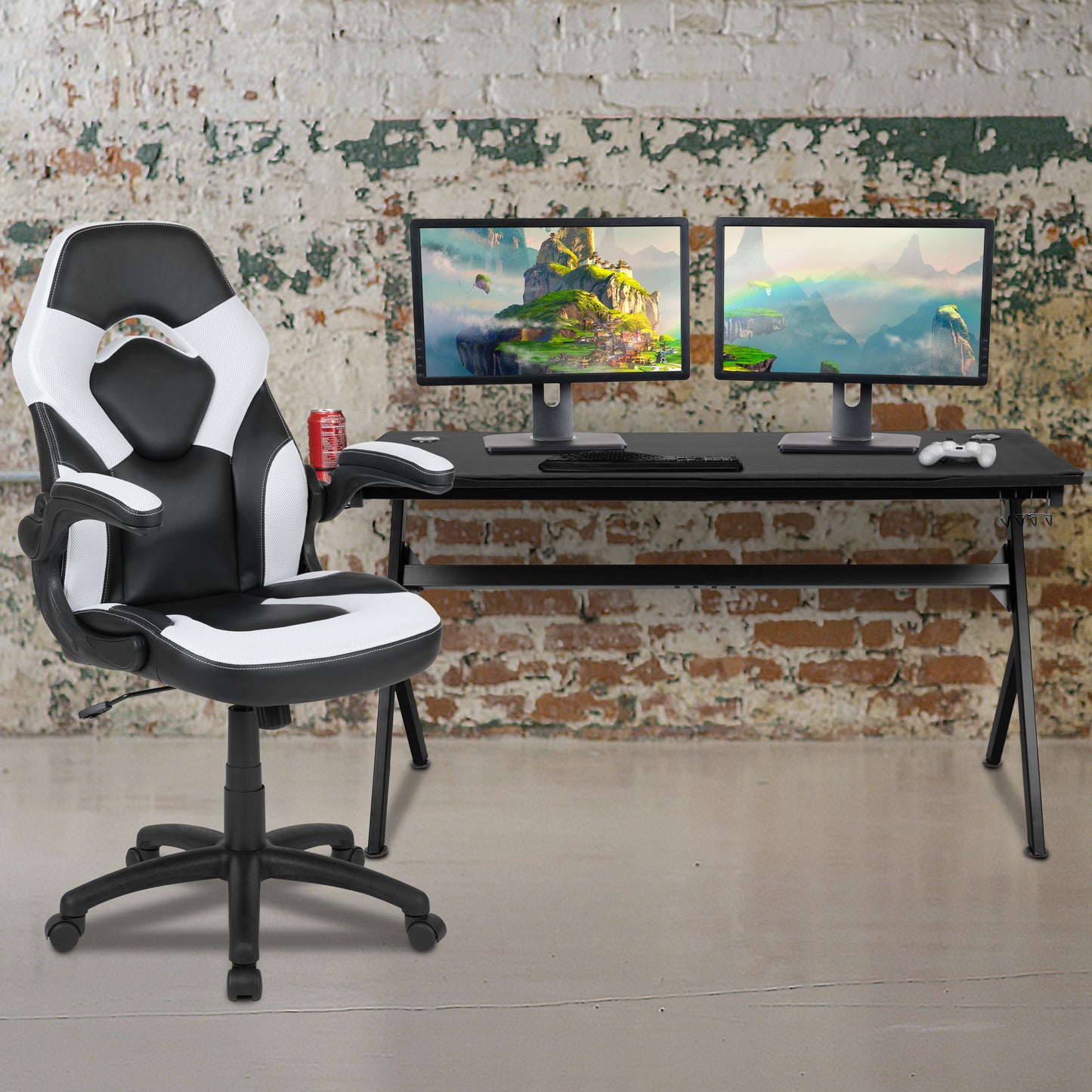 Optis Gaming Desk and White/Black Racing Chair Set /Cup Holder/Headphone Hook/Removable Mouse Pad Top - 2 Wire Management Holes White