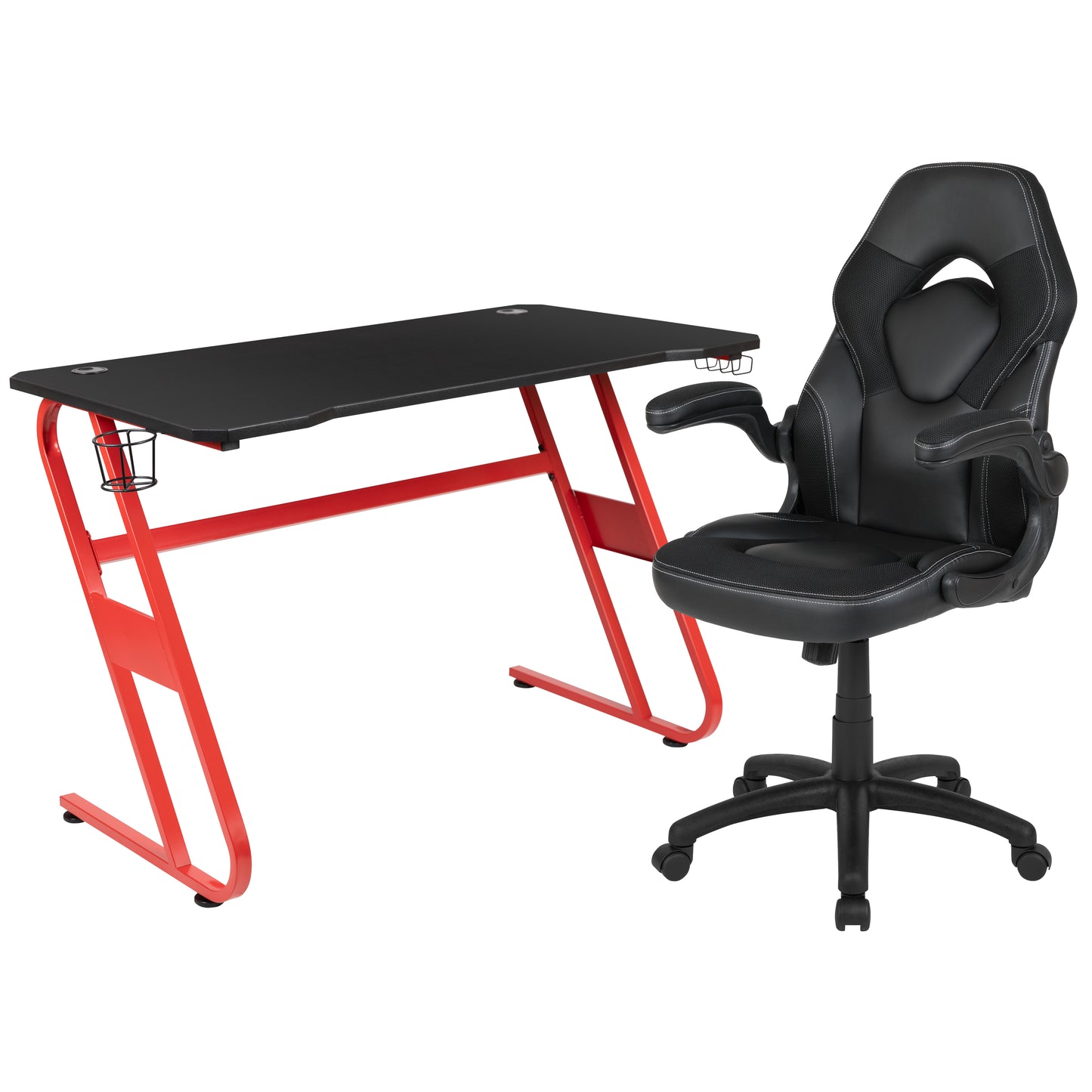 Optis Red Gaming Desk and Black Racing Chair Set with Cup Holder and Headphone Hook Black