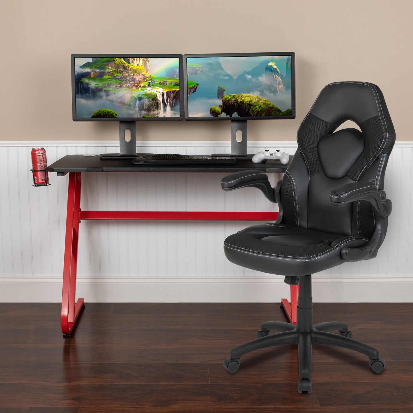 Optis Red Gaming Desk and Black Racing Chair Set with Cup Holder and Headphone Hook Black