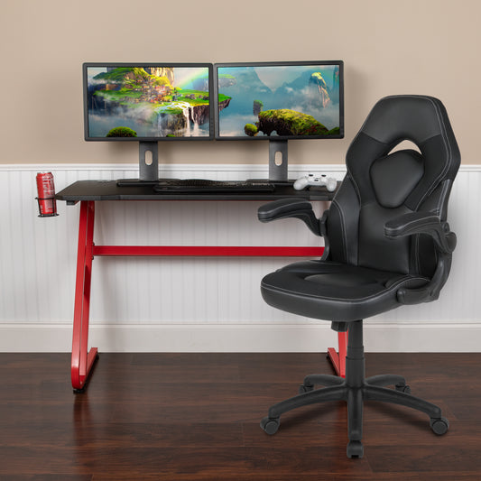 Optis Red Gaming Desk and Black Racing Chair Set with Cup Holder and Headphone Hook Black