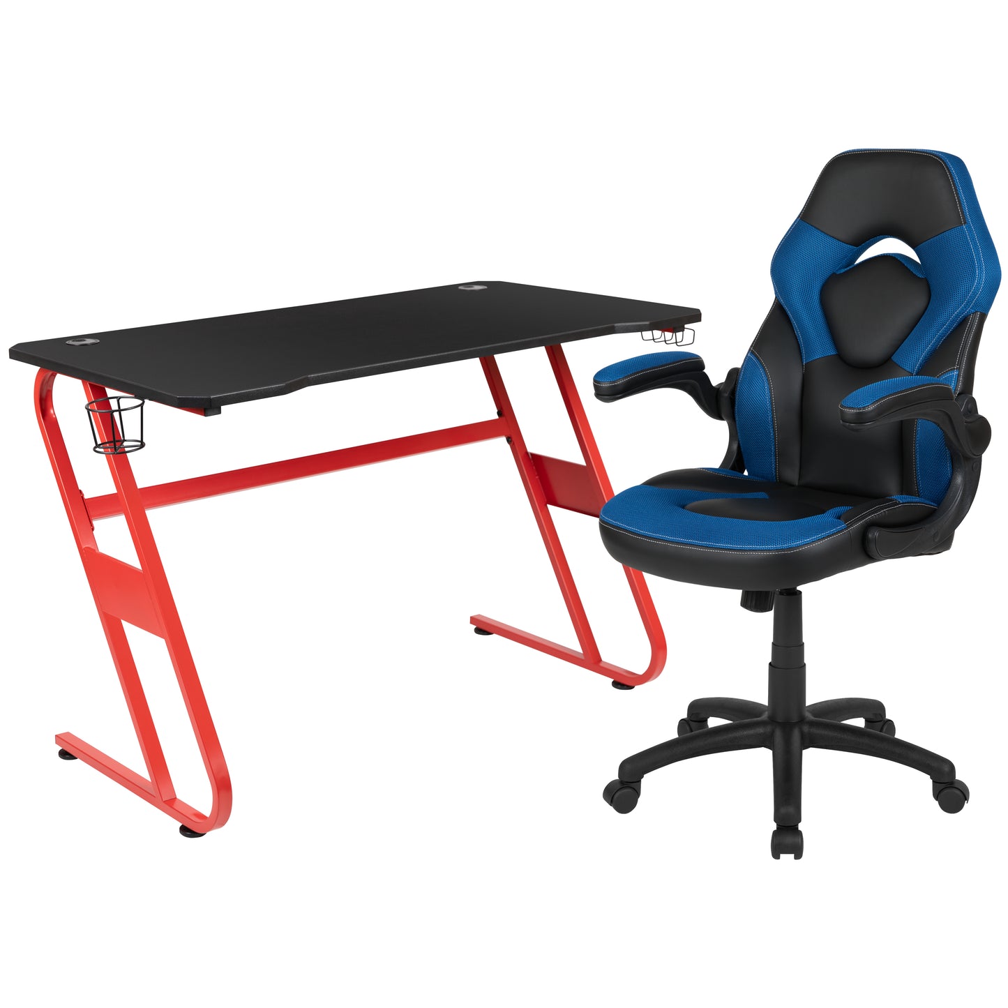 Optis Red Gaming Desk and Blue/Black Racing Chair Set with Cup Holder and Headphone Hook Blue