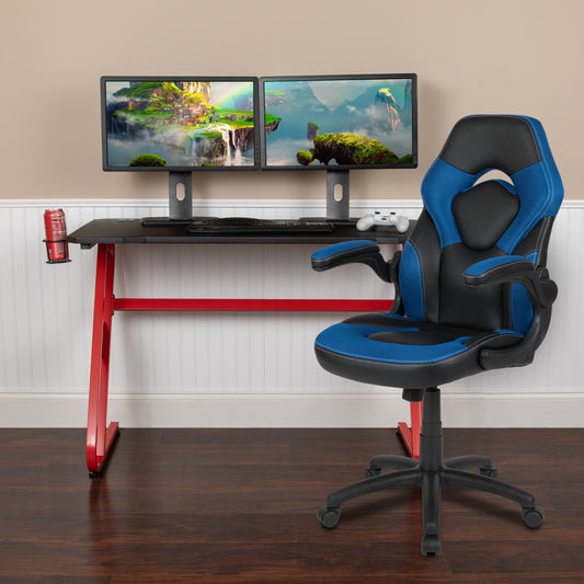 Optis Red Gaming Desk and Blue/Black Racing Chair Set with Cup Holder and Headphone Hook Blue