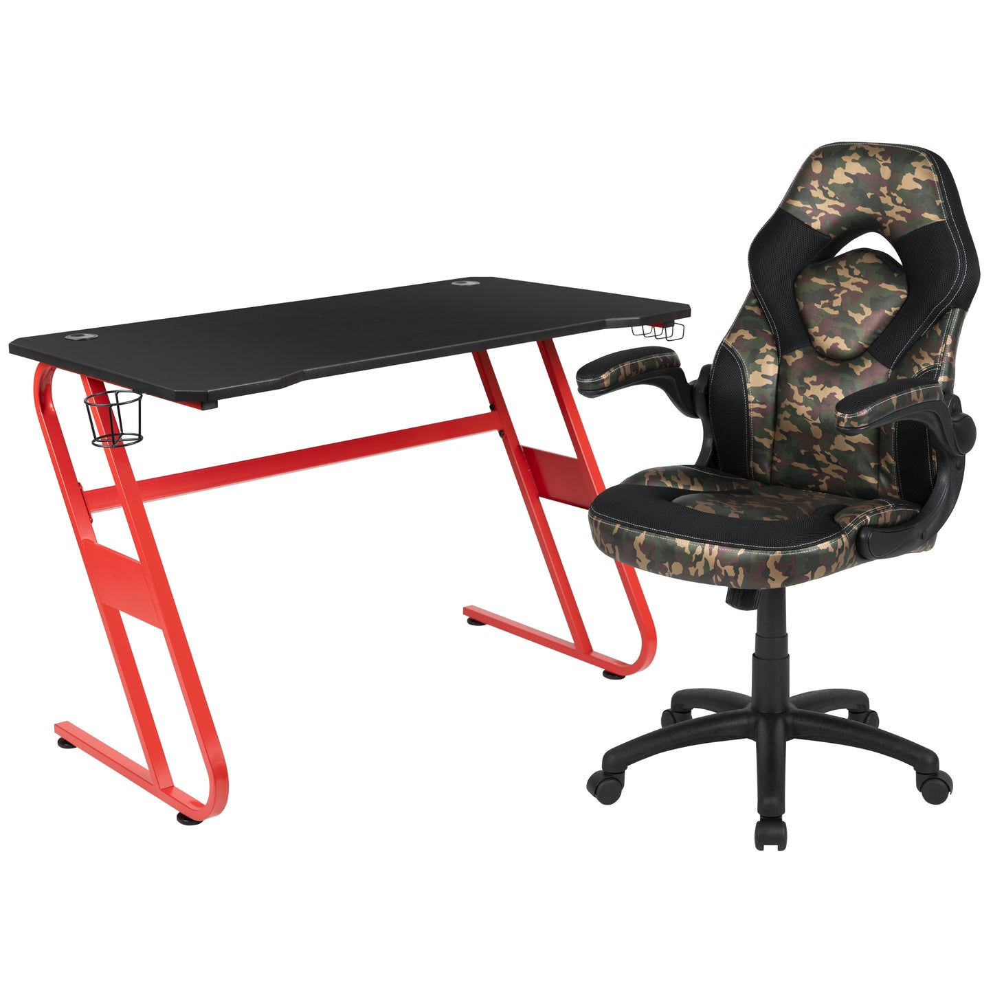 Optis Red Gaming Desk and Camouflage/Black Racing Chair Set with Cup Holder and Headphone Hook Camouflage
