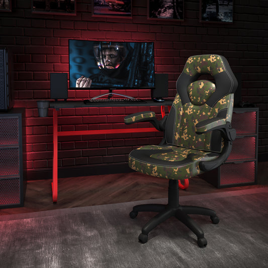 Optis Red Gaming Desk and Camouflage/Black Racing Chair Set with Cup Holder and Headphone Hook Camouflage