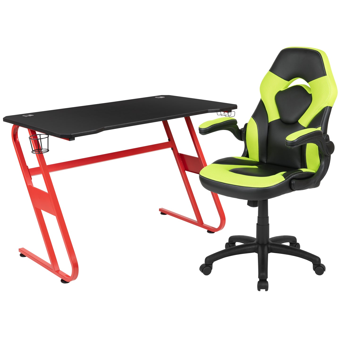 Optis Red Gaming Desk and Green/Black Racing Chair Set with Cup Holder and Headphone Hook Green