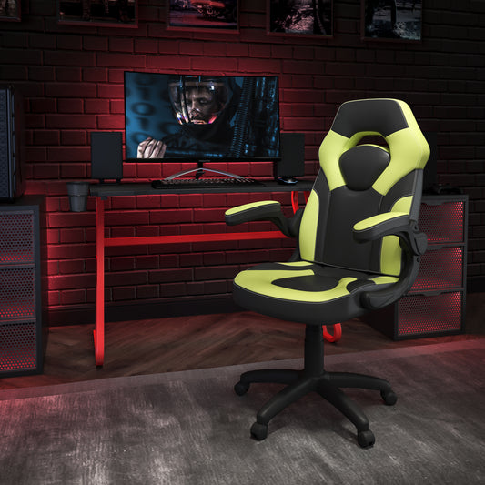 Optis Red Gaming Desk and Green/Black Racing Chair Set with Cup Holder and Headphone Hook Green