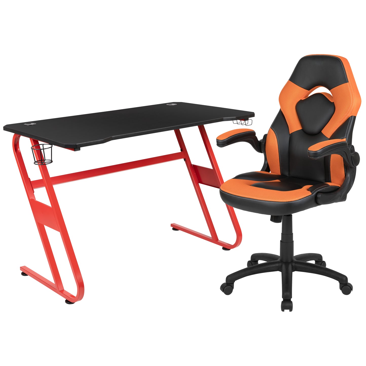 Optis Red Gaming Desk and Orange/Black Racing Chair Set with Cup Holder and Headphone Hook Orange