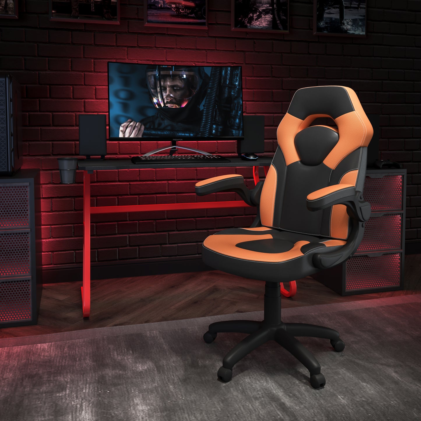 Optis Red Gaming Desk and Orange/Black Racing Chair Set with Cup Holder and Headphone Hook Orange