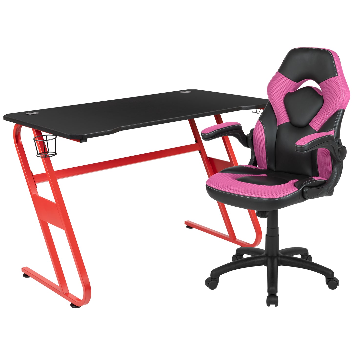 Optis Red Gaming Desk and Pink/Black Racing Chair Set with Cup Holder and Headphone Hook Pink