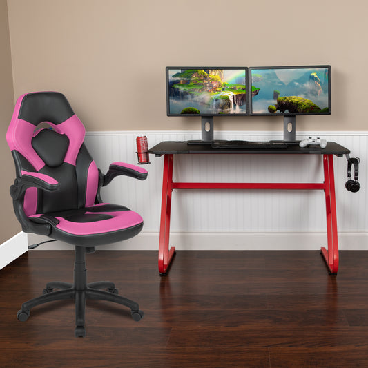 Optis Red Gaming Desk and Pink/Black Racing Chair Set with Cup Holder and Headphone Hook Pink