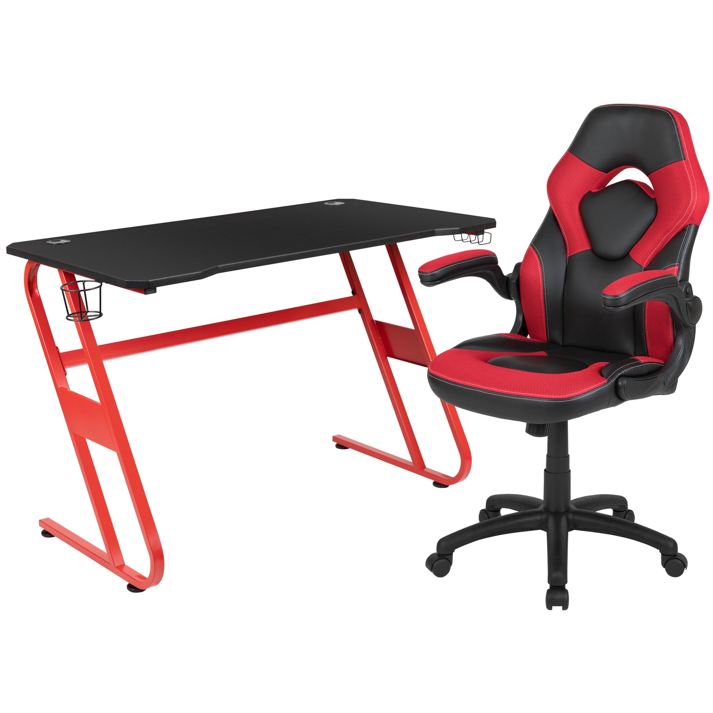 Optis Red Gaming Desk and Red/Black Racing Chair Set with Cup Holder and Headphone Hook Red