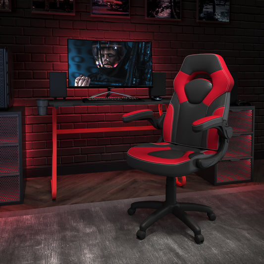 Optis Red Gaming Desk and Red/Black Racing Chair Set with Cup Holder and Headphone Hook Red