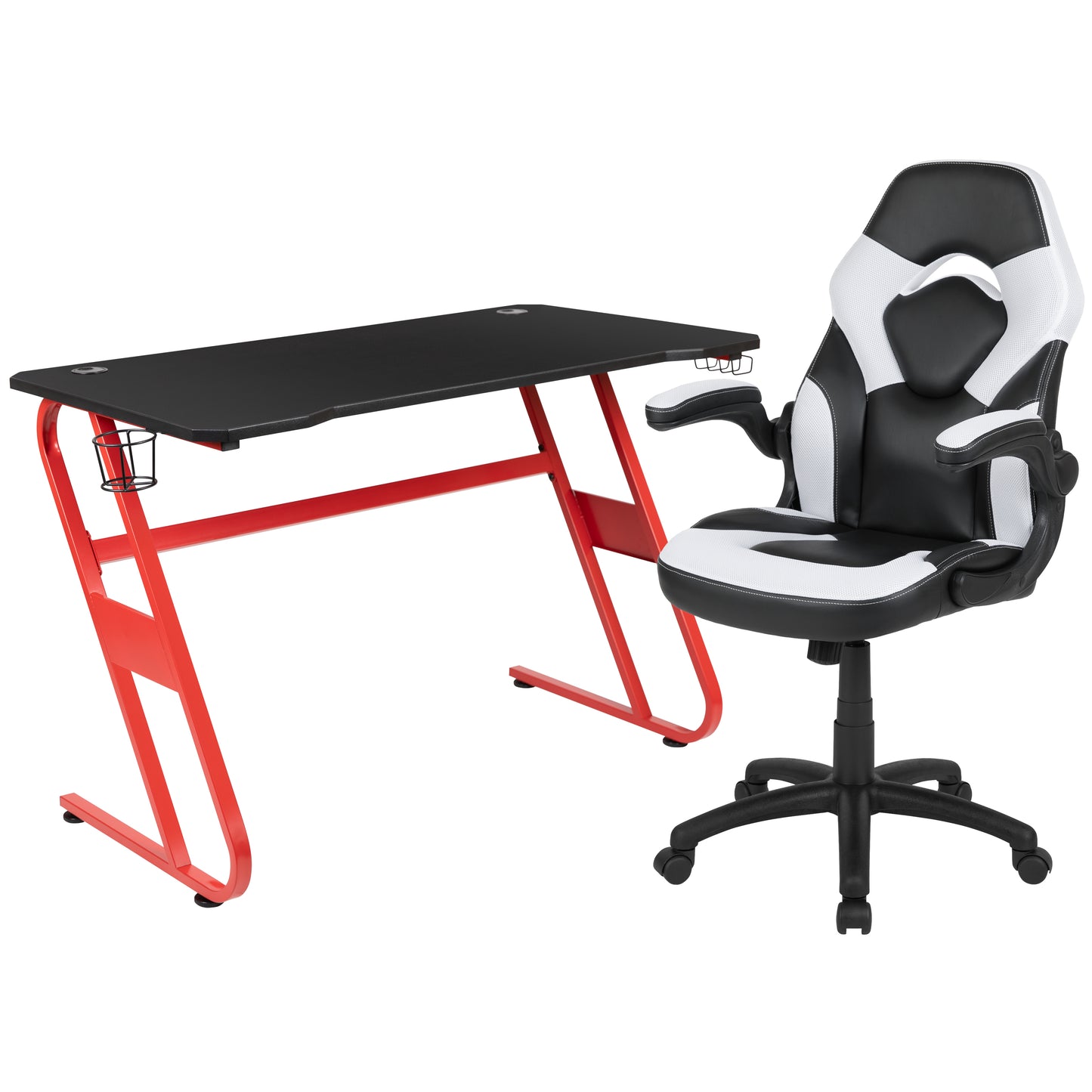 Optis Red Gaming Desk and White/Black Racing Chair Set with Cup Holder and Headphone Hook White