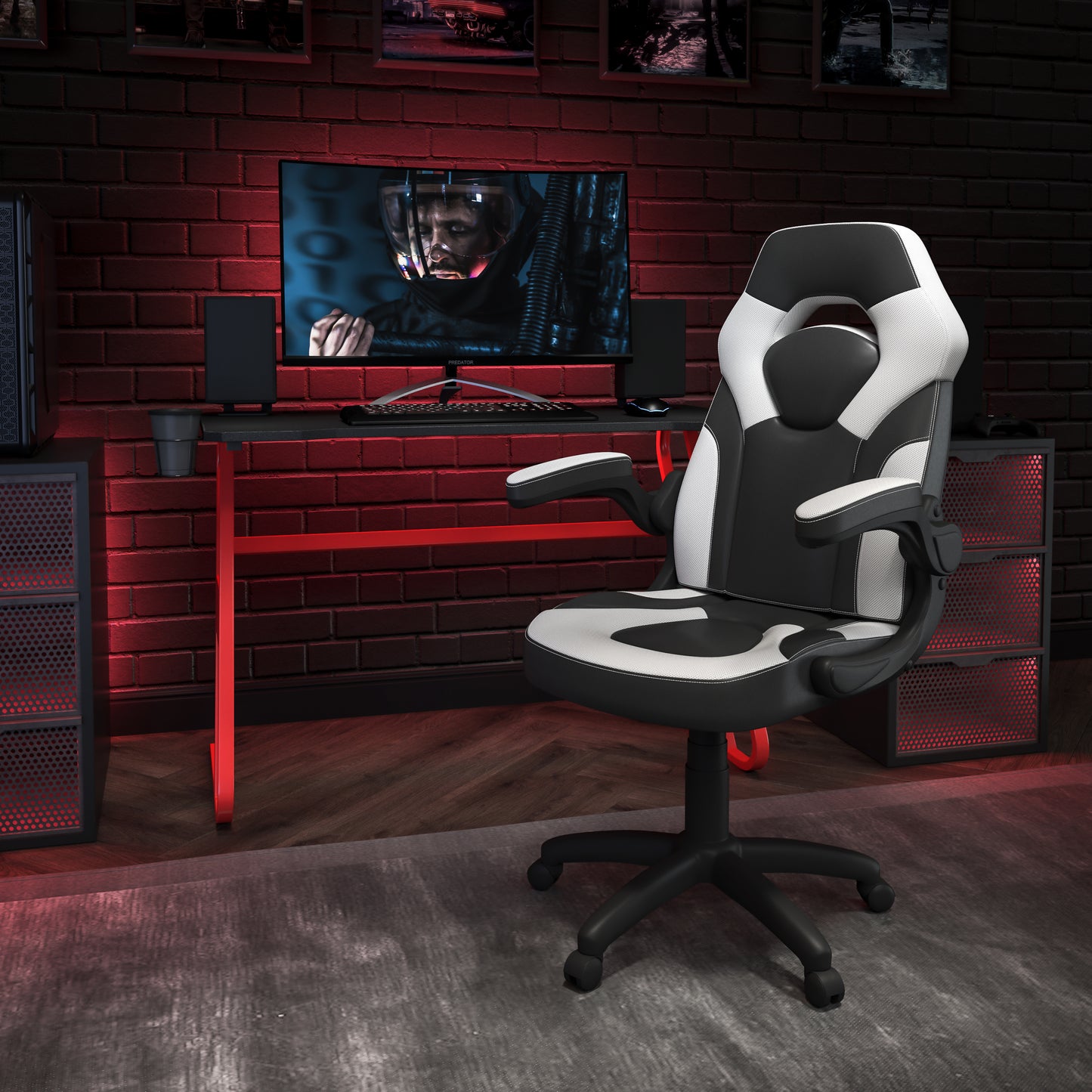 Optis Red Gaming Desk and White/Black Racing Chair Set with Cup Holder and Headphone Hook White