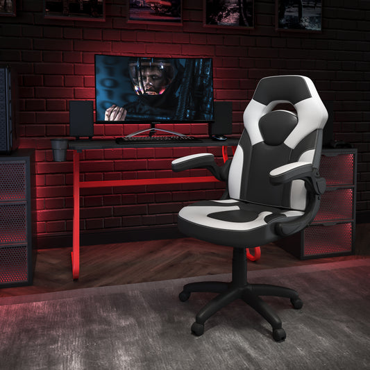Optis Red Gaming Desk and White/Black Racing Chair Set with Cup Holder and Headphone Hook White