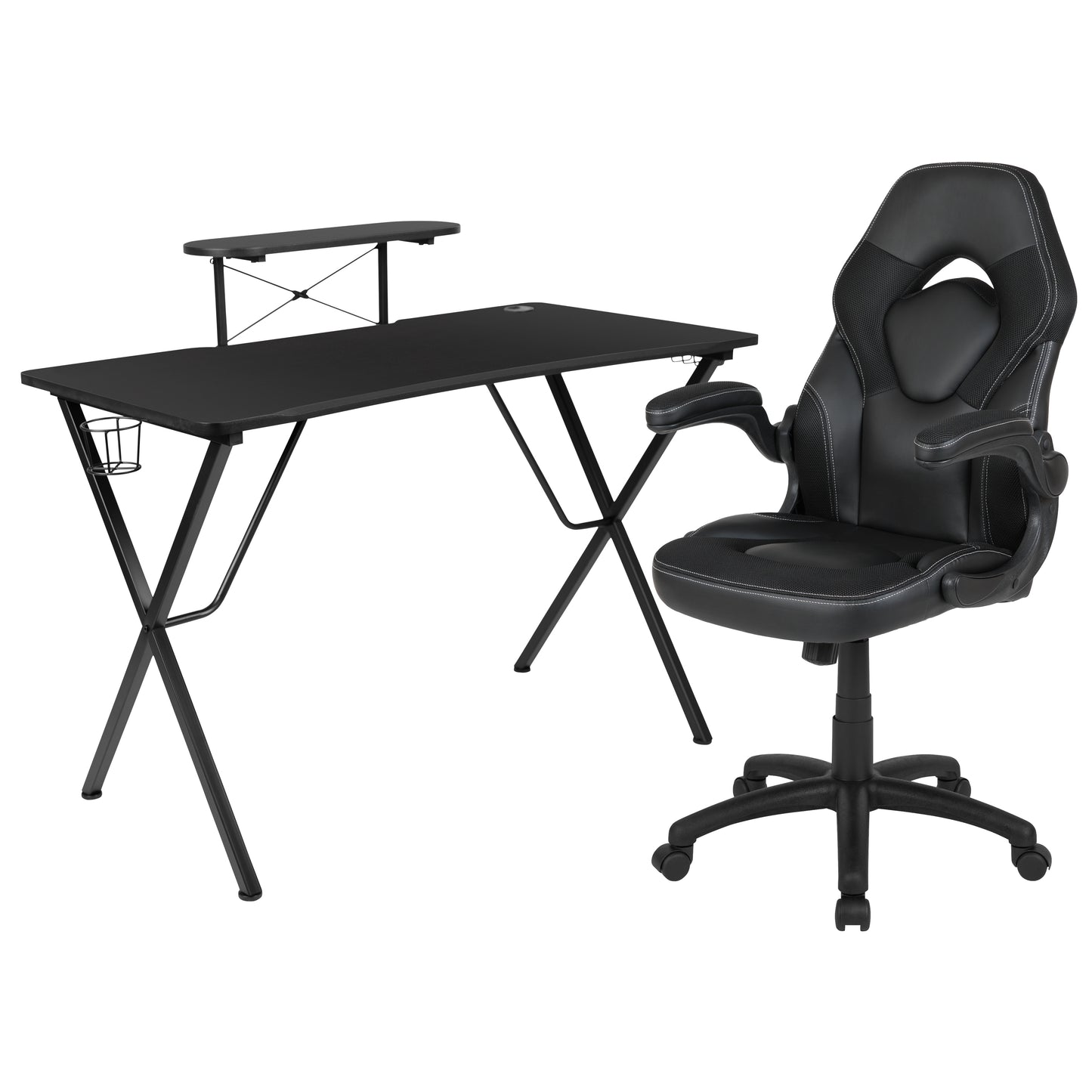 Optis Black Gaming Desk and Black Racing Chair Set with Cup Holder, Headphone Hook, and Monitor/Smartphone Stand Black