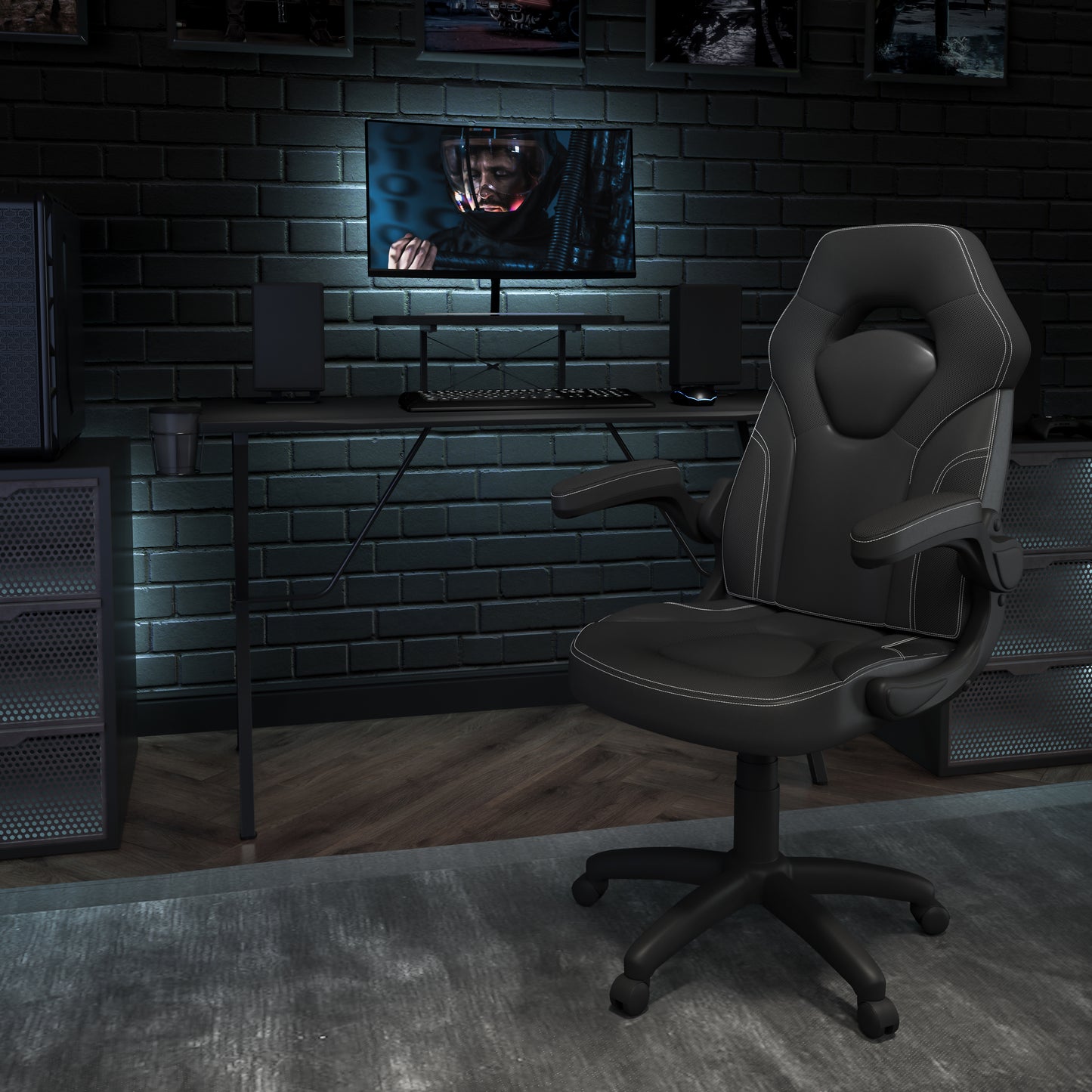 Optis Black Gaming Desk and Black Racing Chair Set with Cup Holder, Headphone Hook, and Monitor/Smartphone Stand Black