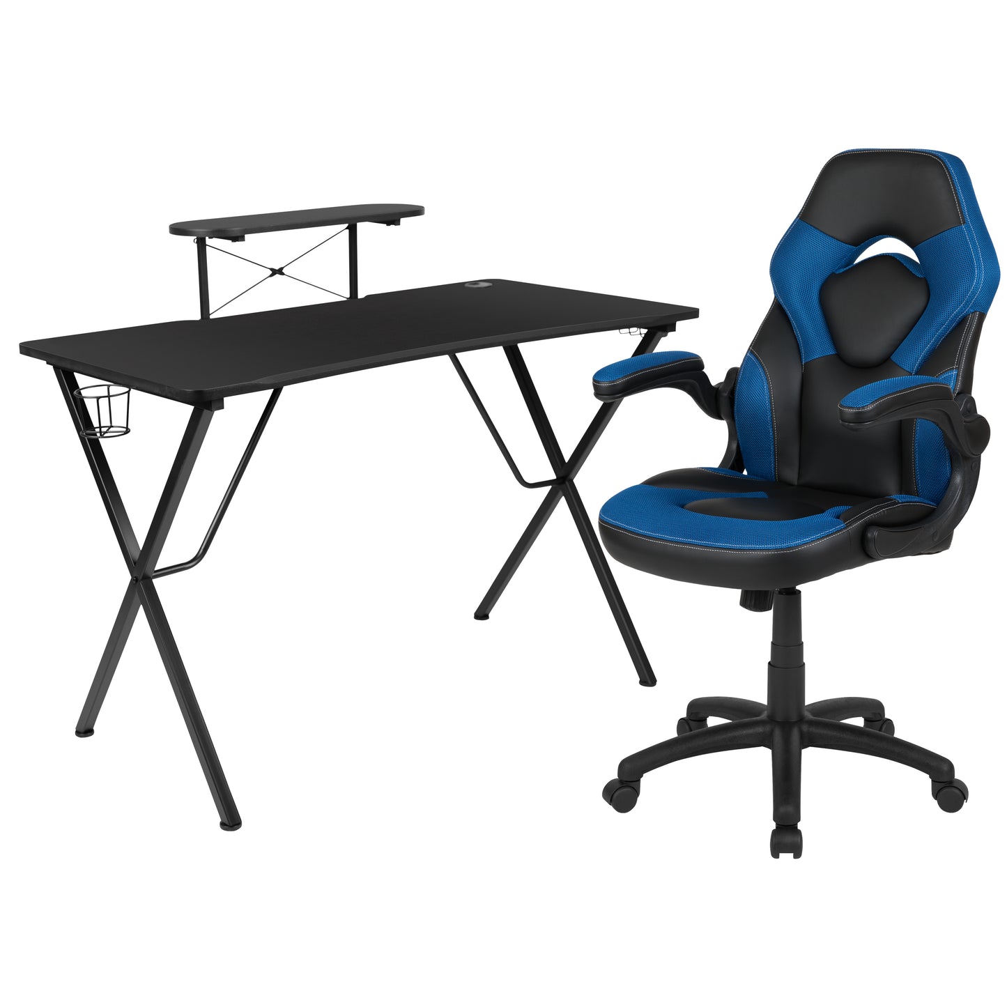 Optis Black Gaming Desk and Blue/Black Racing Chair Set with Cup Holder, Headphone Hook, and Monitor/Smartphone Stand Blue