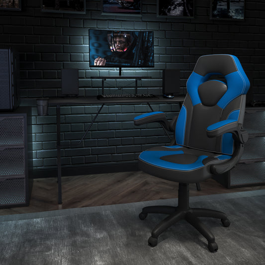 Optis Black Gaming Desk and Blue/Black Racing Chair Set with Cup Holder, Headphone Hook, and Monitor/Smartphone Stand Blue