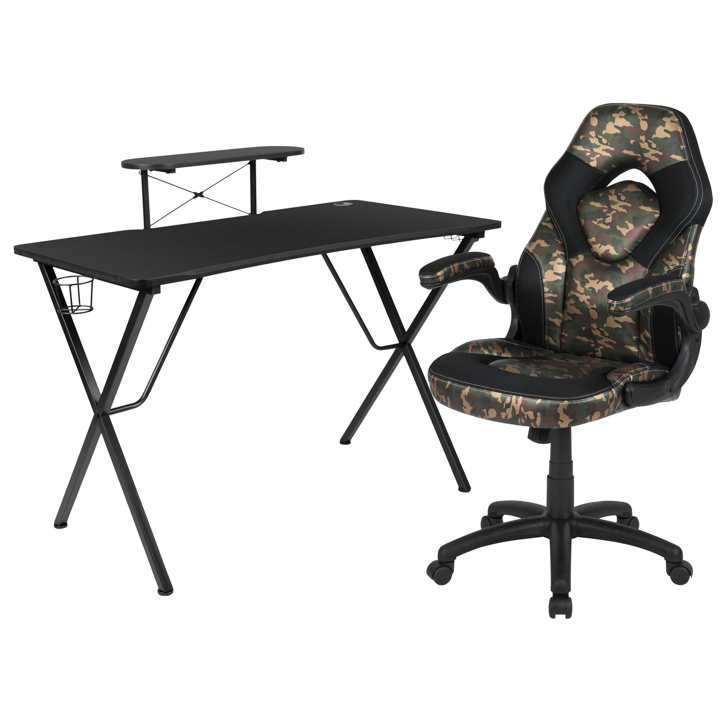 Optis Black Gaming Desk and Camouflage/Black Racing Chair Set with Cup Holder, Headphone Hook, and Monitor/Smartphone Stand Camouflage