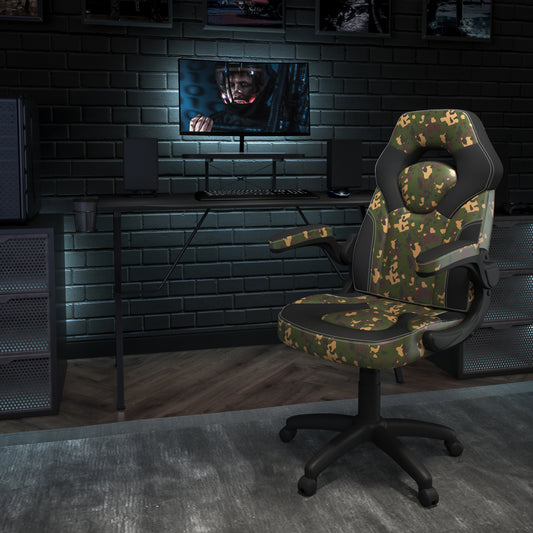 Optis Black Gaming Desk and Camouflage/Black Racing Chair Set with Cup Holder, Headphone Hook, and Monitor/Smartphone Stand Camouflage