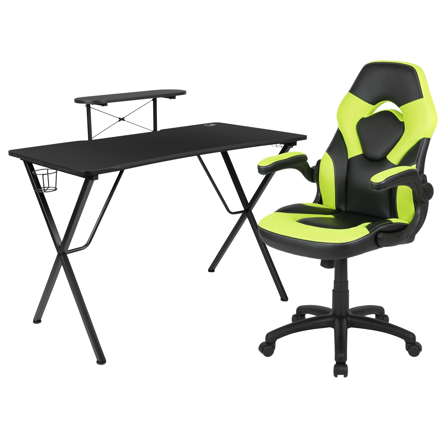 Optis Black Gaming Desk and Green/Black Racing Chair Set with Cup Holder, Headphone Hook, and Monitor/Smartphone Stand Green