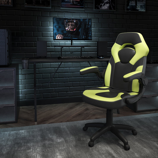 Optis Black Gaming Desk and Green/Black Racing Chair Set with Cup Holder, Headphone Hook, and Monitor/Smartphone Stand Green