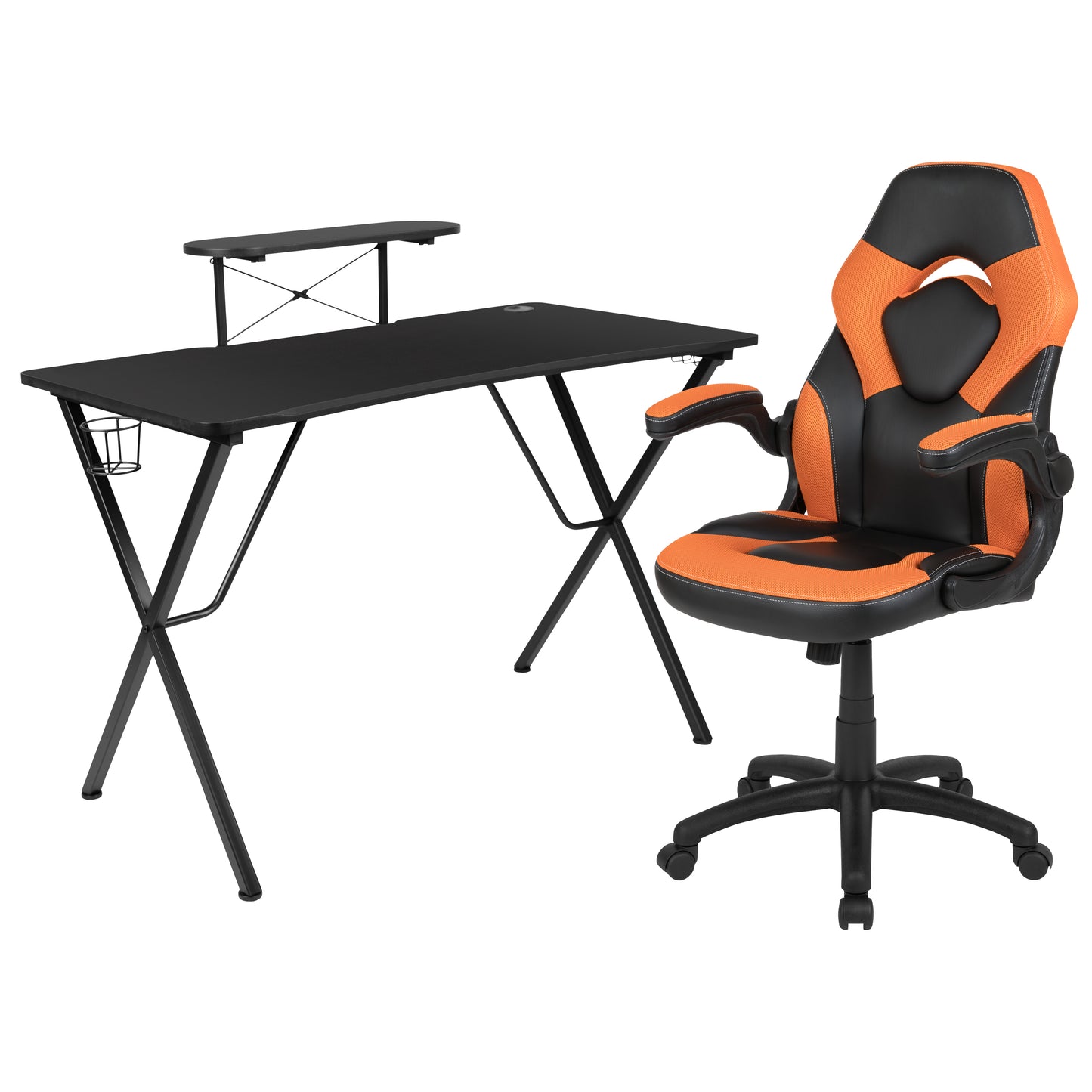 Optis Black Gaming Desk and Orange/Black Racing Chair Set with Cup Holder, Headphone Hook, and Monitor/Smartphone Stand Orange