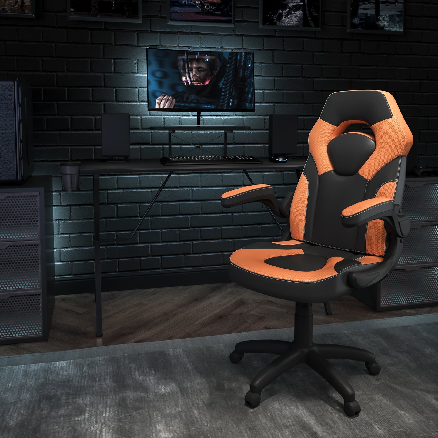 Optis Black Gaming Desk and Orange/Black Racing Chair Set with Cup Holder, Headphone Hook, and Monitor/Smartphone Stand Orange
