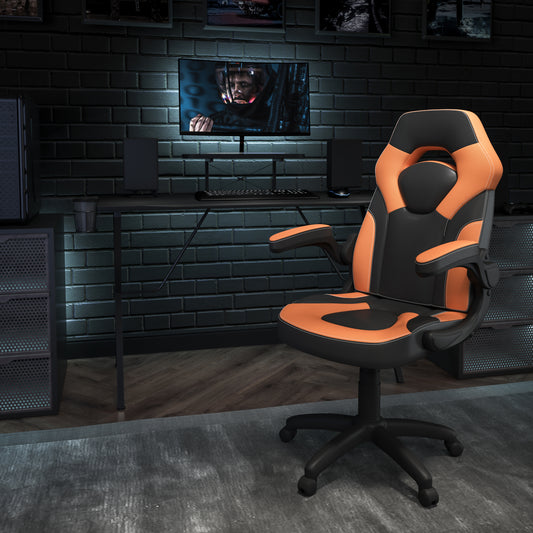 Optis Black Gaming Desk and Orange/Black Racing Chair Set with Cup Holder, Headphone Hook, and Monitor/Smartphone Stand Orange