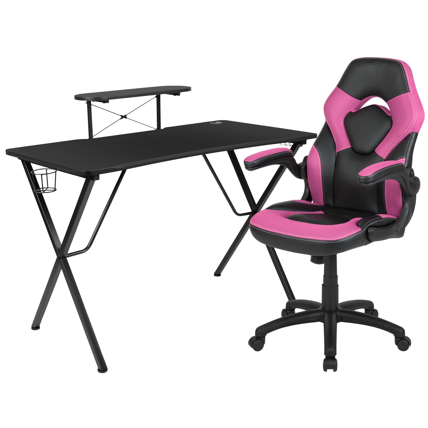Optis Black Gaming Desk and Pink/Black Racing Chair Set with Cup Holder, Headphone Hook, and Monitor/Smartphone Stand Pink