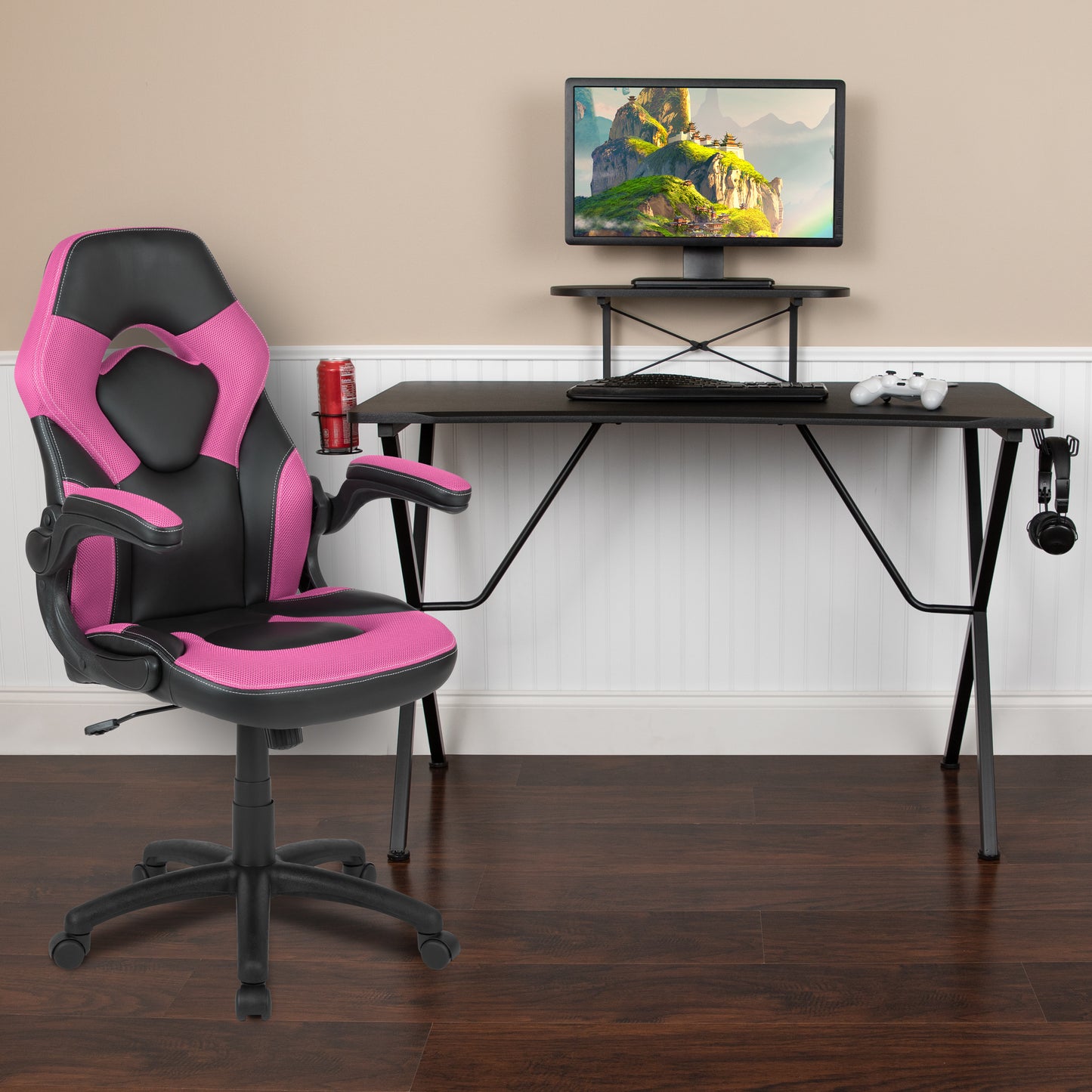Optis Black Gaming Desk and Pink/Black Racing Chair Set with Cup Holder, Headphone Hook, and Monitor/Smartphone Stand Pink
