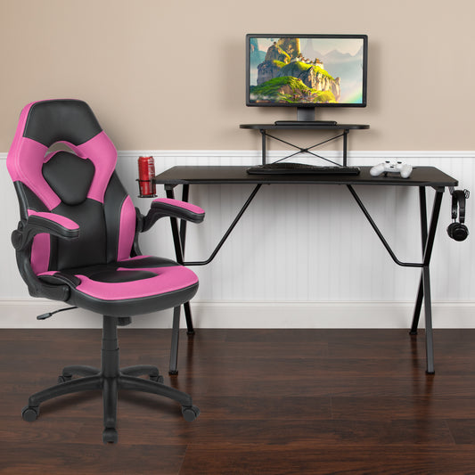 Optis Black Gaming Desk and Pink/Black Racing Chair Set with Cup Holder, Headphone Hook, and Monitor/Smartphone Stand Pink