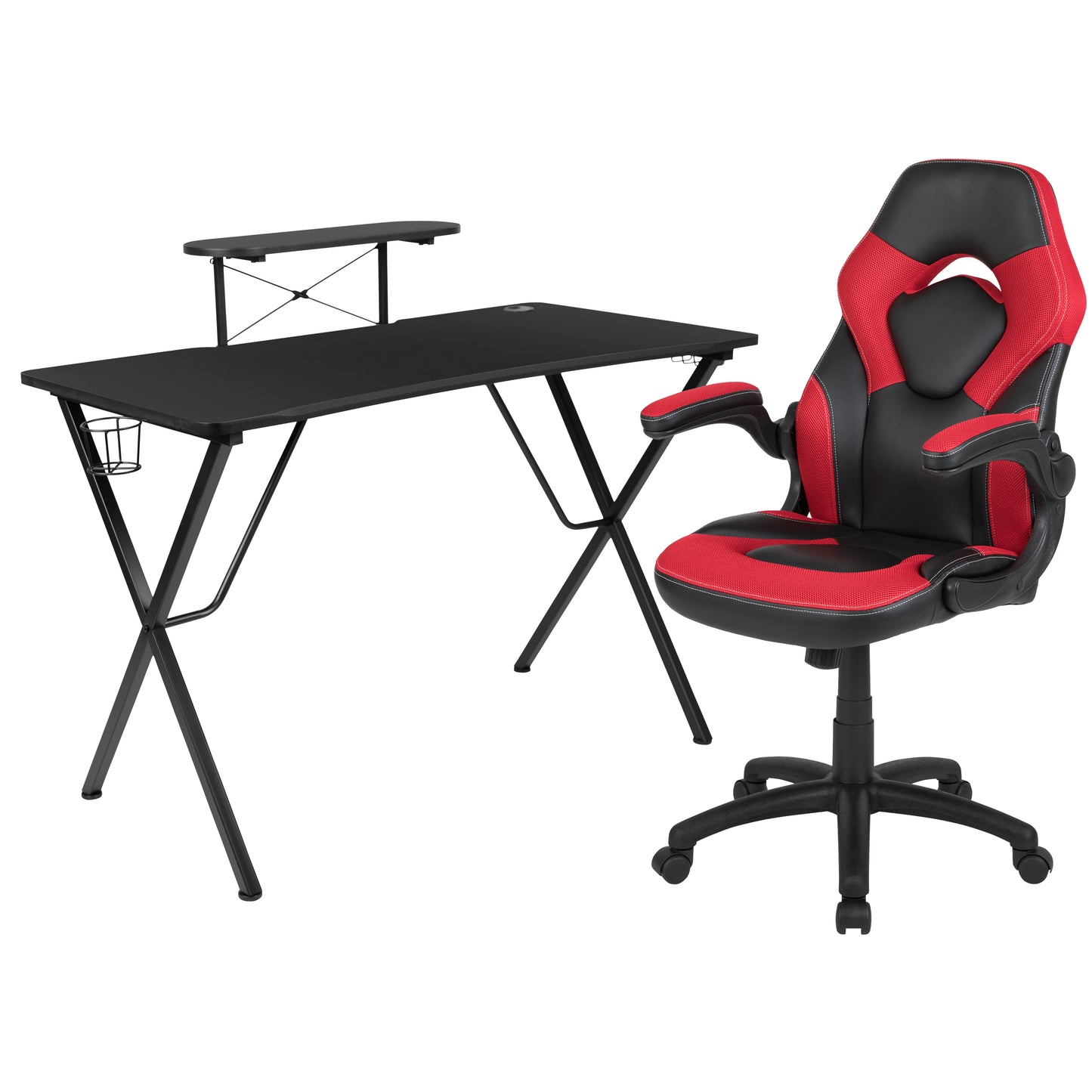 Optis Black Gaming Desk and Red/Black Racing Chair Set with Cup Holder, Headphone Hook, and Monitor/Smartphone Stand Red BLN-X10RSG1031-RD-GG