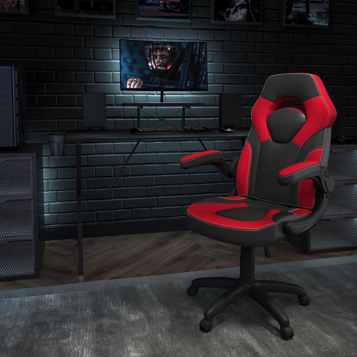Optis Black Gaming Desk and Red/Black Racing Chair Set with Cup Holder, Headphone Hook, and Monitor/Smartphone Stand Red BLN-X10RSG1031-RD-GG
