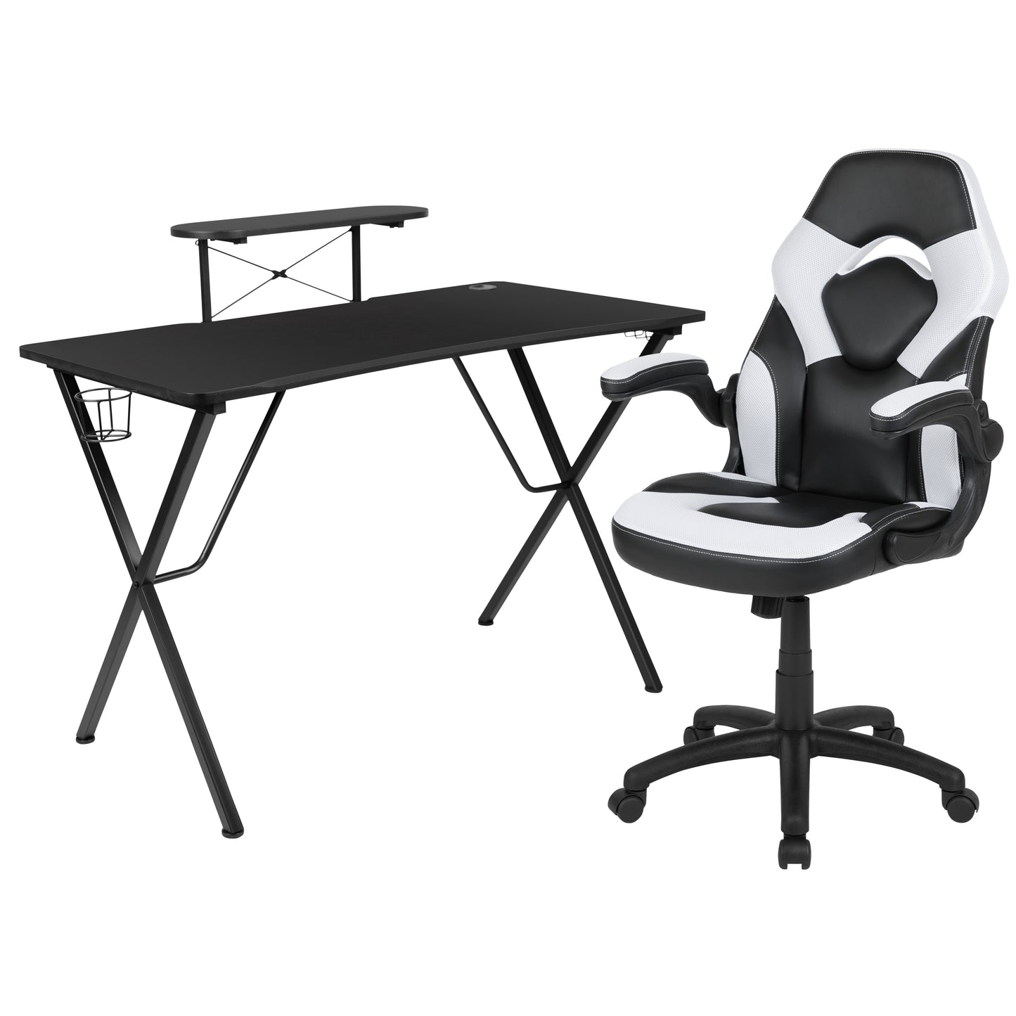 Optis Black Gaming Desk and White/Black Racing Chair Set with Cup Holder, Headphone Hook, and Monitor/Smartphone Stand White